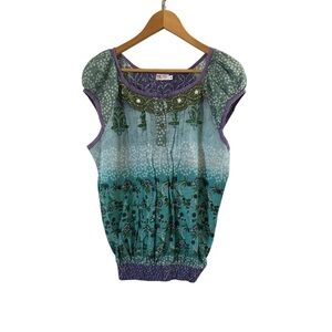 Funky People Green & Purple Embroidered Bohemian Blouse Top size XL